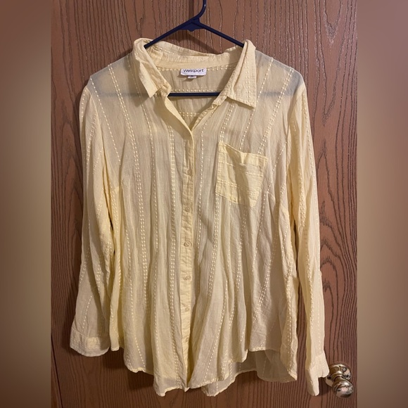 Westport Light Yellow Sheer Button Down Shirt with Tie Front - Picture 2 of 8